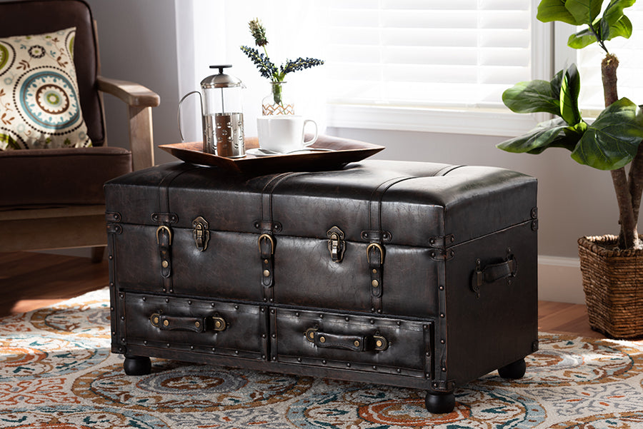 Baxton Studio Callum Modern Transitional Distressed Dark Brown Faux Leather Upholstered 2-Drawer Storage Trunk Ottoman