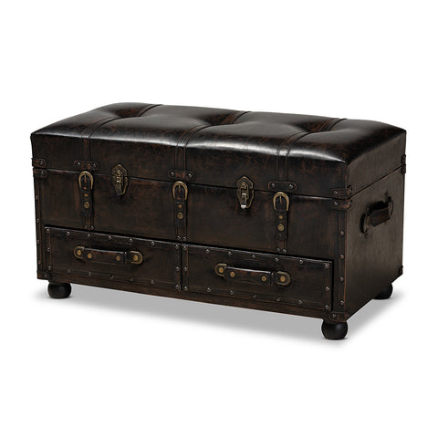 Baxton Studio Callum Modern Transitional Distressed Dark Brown Faux Leather Upholstered 2-Drawer Storage Trunk Ottoman