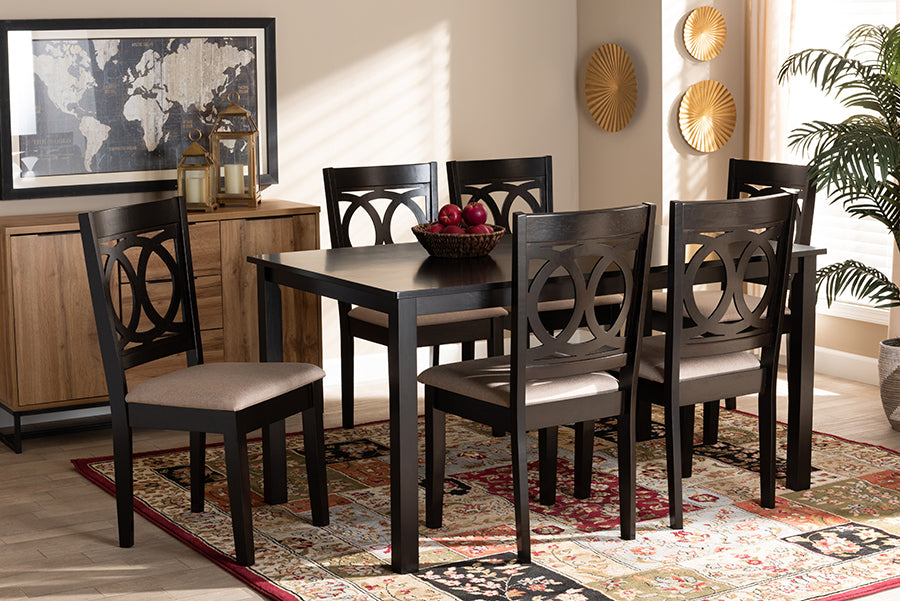 Baxton Studio Lenoir Modern and Contemporary Sand Fabric Upholstered Espresso Brown Finished Wood 7-Piece Dining Set