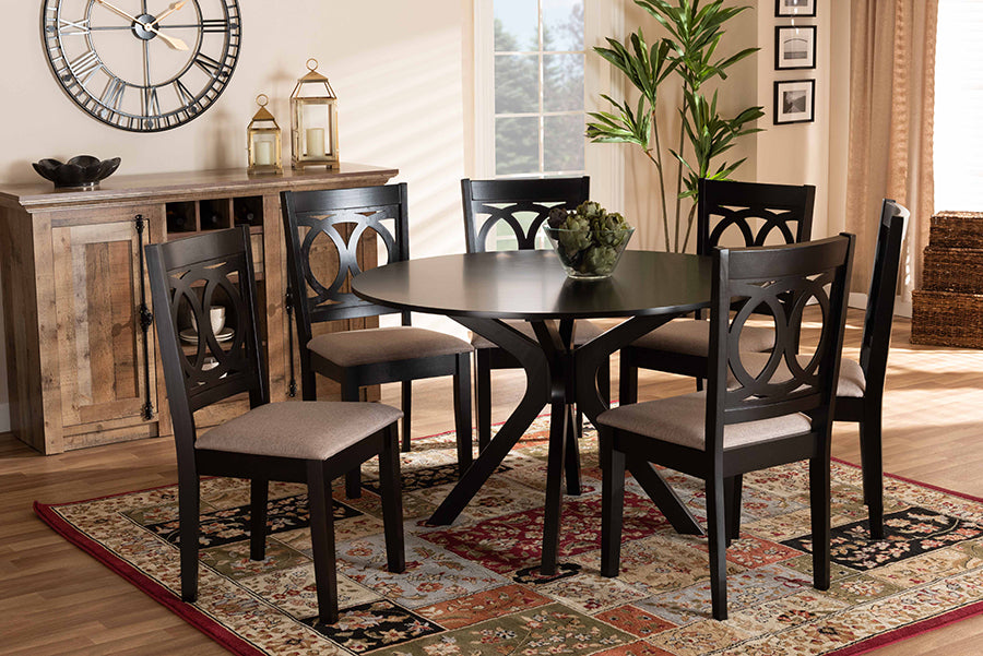 Baxton Studio Sanne Modern and Contemporary Sand Fabric Upholstered and Dark Brown Finished Wood 7-Piece Dining Set