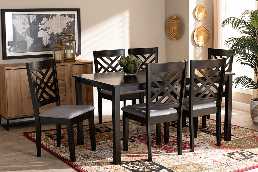 Baxton Studio Caron Modern and Contemporary Grey Fabric Upholstered Espresso Brown Finished Wood 7-Piece Dining Set