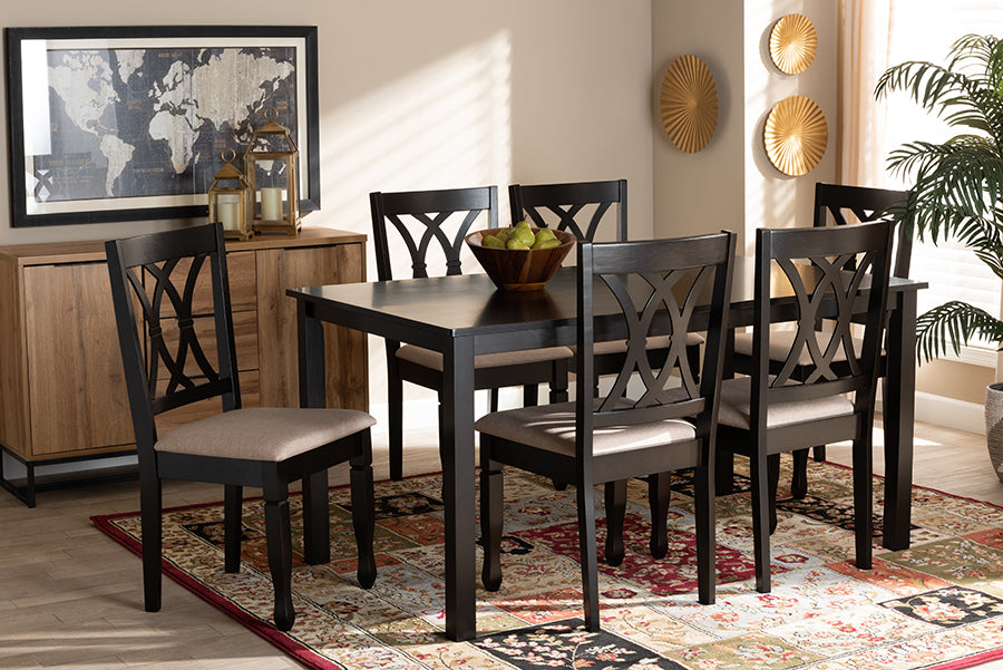 Baxton Studio Reneau Modern and Contemporary Sand Fabric Upholstered Espresso Brown Finished Wood 7-Piece Dining Set