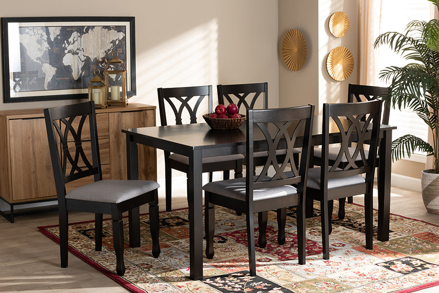 Baxton Studio Reneau Modern and Contemporary Grey Fabric Upholstered Espresso Brown Finished Wood 7-Piece Dining Set
