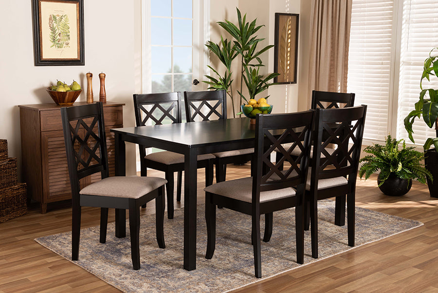Baxton Studio Verner Modern and Contemporary Sand Fabric Upholstered Dark Brown Finished 7-Piece Wood Dining Set