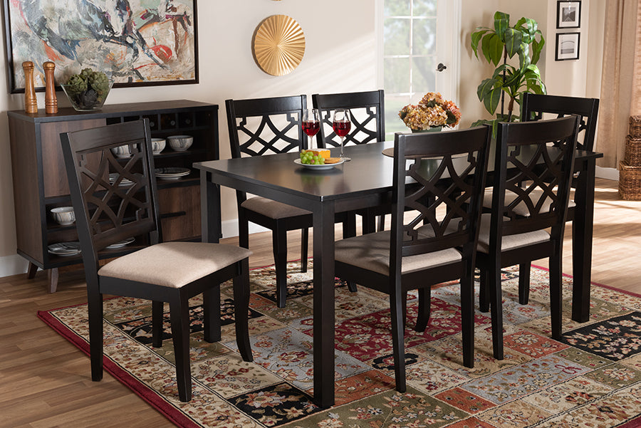 Baxton Studio Mael Modern and Contemporary Sand Fabric Upholstered and Espresso Brown Finished Wood 7-Piece Dining Set