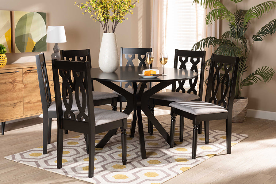Baxton Studio Callie Modern and Contemporary Grey Fabric Upholstered and Dark Brown Finished Wood 7-Piece Dining Set