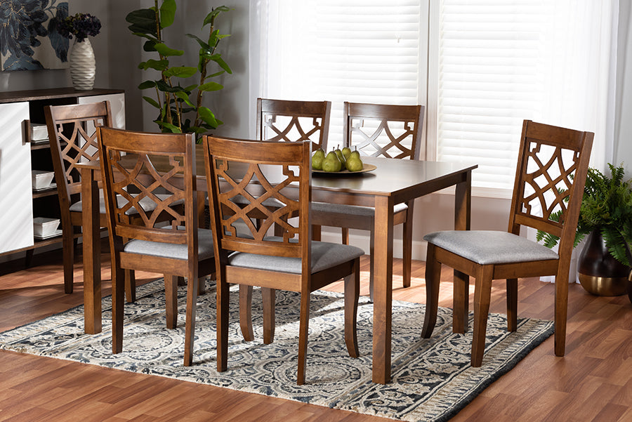 Baxton Studio Mael Modern and Contemporary Grey Fabric Upholstered and Walnut Brown Finished Wood 7-Piece Dining Set