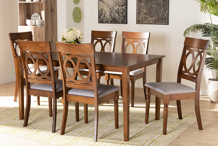 Baxton Studio Lucie Modern and Contemporary Grey Fabric Upholstered and Walnut Brown Finished Wood 7-Piece Dining Set