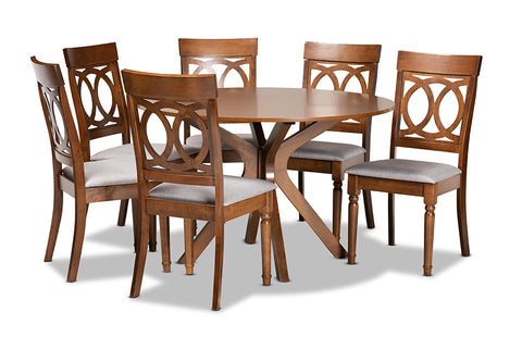 Baxton Studio Jessie Modern and Contemporary Grey Fabric Upholstered and Walnut Brown Finished Wood 7-Piece Dining Set