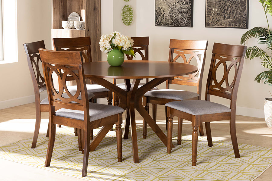 Baxton Studio Jessie Modern and Contemporary Grey Fabric Upholstered and Walnut Brown Finished Wood 7-Piece Dining Set