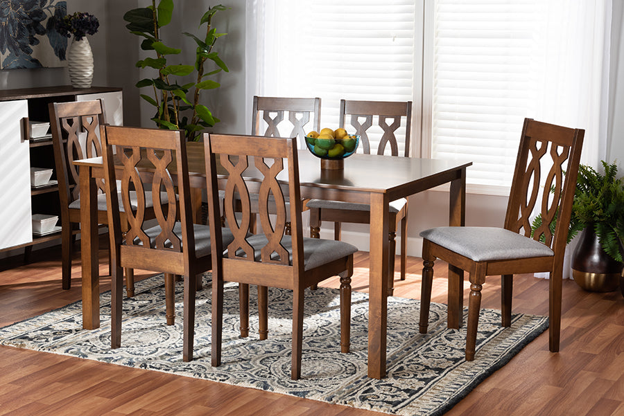Baxton Studio Cherese Modern and Contemporary Grey Fabric Upholstered and Walnut Brown Finished Wood 7-Piece Dining Set