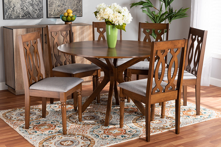 Baxton Studio Callie Modern and Contemporary Grey Fabric Upholstered and Walnut Brown Finished Wood 7-Piece Dining Set