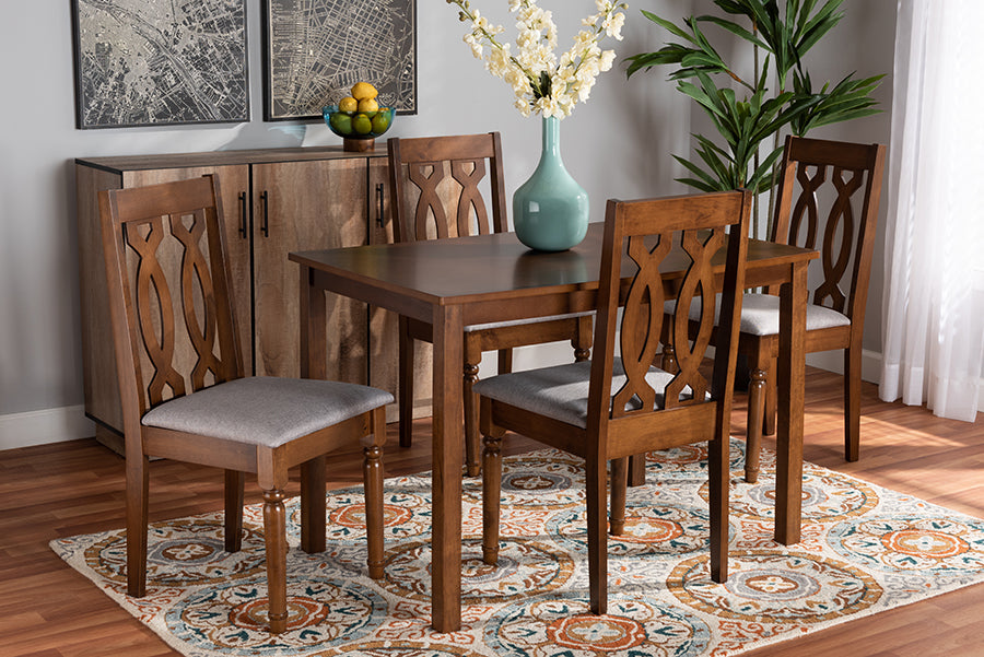 Baxton Studio Cherese Modern and Contemporary Grey Fabric Upholstered and Walnut Brown Finished 5-Piece Wood Dining Set