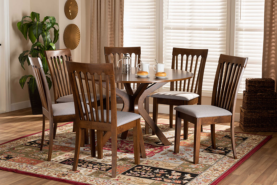 Baxton Studio Lore Modern and Contemporary Grey Fabric Upholstered and Walnut Brown Finished Wood 7-Piece Dining Set