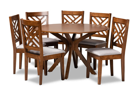 Baxton Studio Norah Modern and Contemporary Grey Fabric Upholstered and Walnut Brown Finished Wood 7-Piece Dining Set