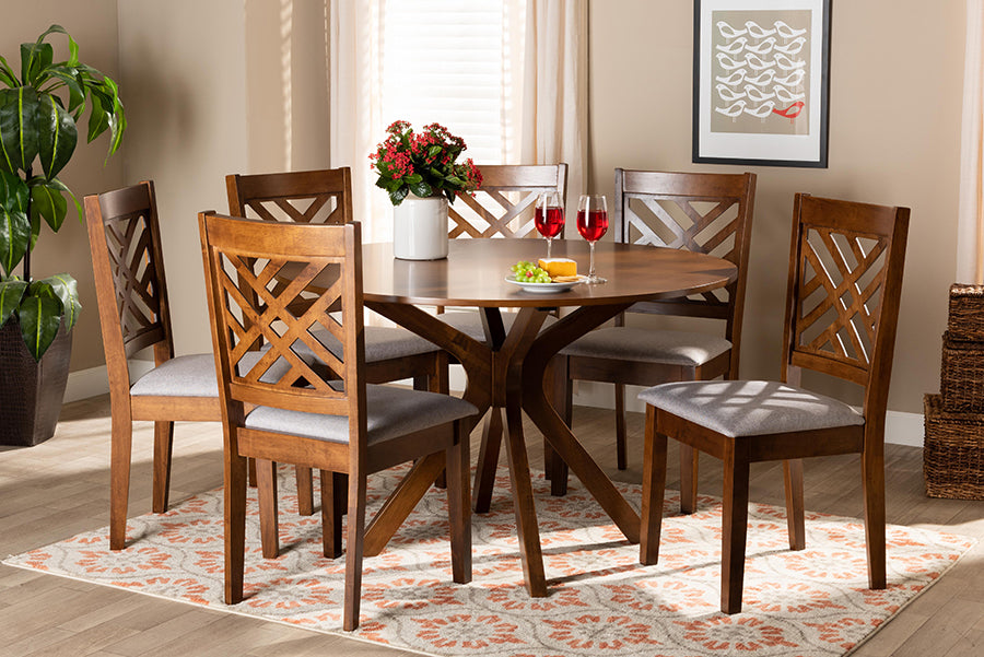 Baxton Studio Norah Modern and Contemporary Grey Fabric Upholstered and Walnut Brown Finished Wood 7-Piece Dining Set