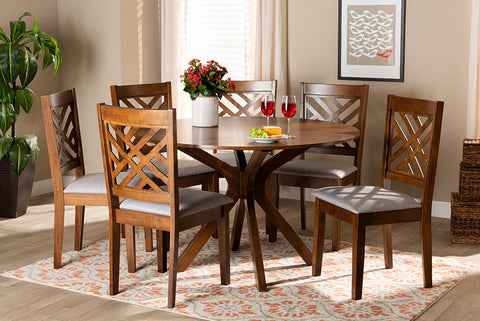 Baxton Studio Norah Modern and Contemporary Grey Fabric Upholstered and Walnut Brown Finished Wood 7-Piece Dining Set