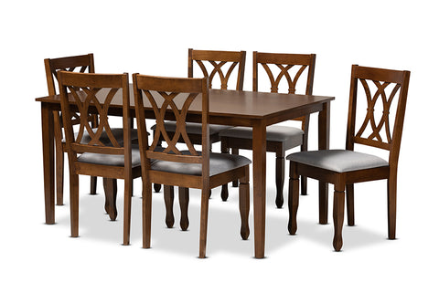 Baxton Studio Augustine Modern and Contemporary Grey Fabric Upholstered and Walnut Brown Finished Wood 7-Piece Dining Set 