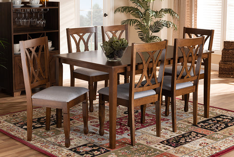 Baxton Studio Augustine Modern and Contemporary Grey Fabric Upholstered and Walnut Brown Finished Wood 7-Piece Dining Set 