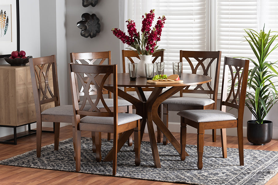 Baxton Studio Maya Modern Grey Fabric and Walnut Brown Finished Wood 7-Piece Dining Set