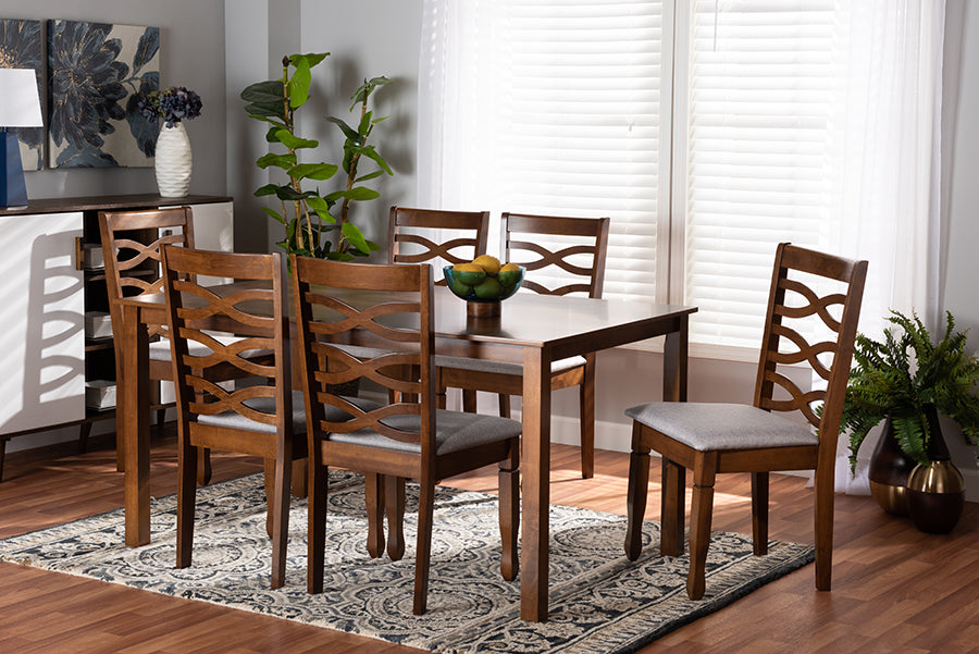 Baxton Studio Lanier Modern and Contemporary Grey Fabric Upholstered and Walnut Brown Finished Wood 7-Piece Dining Set