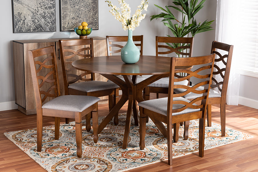Baxton Studio Mila Modern and Contemporary Grey Fabric Upholstered and Walnut Brown Finished Wood 7-Piece Dining Set