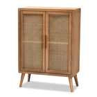 Baxton Studio Alina Mid-Century Modern Medium Oak Finished Wood and Rattan 2-Door Accent Storage Cabinet