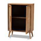 Baxton Studio Alina Mid-Century Modern Medium Oak Finished Wood and Rattan 2-Door Accent Storage Cabinet