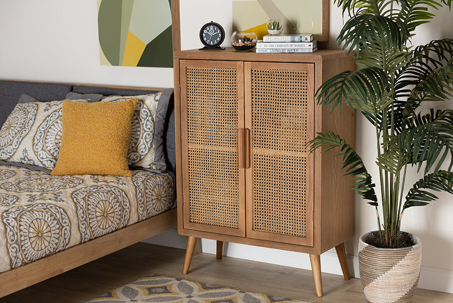 Baxton Studio Alina Mid-Century Modern Medium Oak Finished Wood and Rattan 2-Door Accent Storage Cabinet