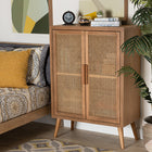 Baxton Studio Alina Mid-Century Modern Medium Oak Finished Wood and Rattan 2-Door Accent Storage Cabinet