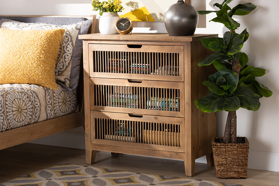 Baxton Studio Clement Rustic Transitional Medium Oak Finished 3-Drawer Wood Spindle Storage Cabinet
