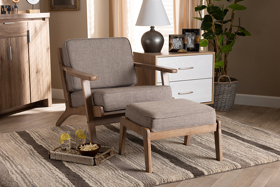 Baxton Studio Sigrid Mid-Century Modern Light Grey Fabric Upholstered Antique Oak Finished 2-Piece Wood Armchair and Ottoman Set