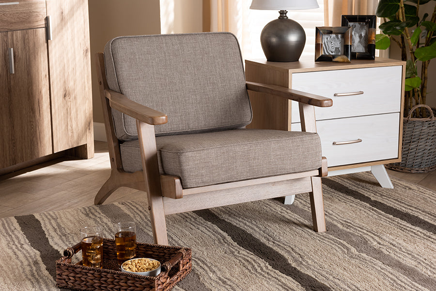 Baxton Studio Sigrid Mid-Century Modern Light Grey Fabric Upholstered Antique Oak Finished Wood Armchair 