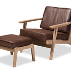Baxton Studio Sigrid Mid-Century Modern Dark Brown Faux Leather Effect Fabric Upholstered Antique Oak Finished 2-Piece Wood Armchair and Ottoman Set