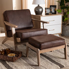Baxton Studio Sigrid Mid-Century Modern Dark Brown Faux Leather Effect Fabric Upholstered Antique Oak Finished 2-Piece Wood Armchair and Ottoman Set