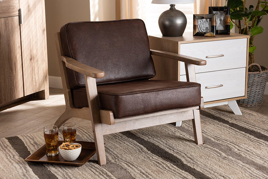 Baxton Studio Sigrid Mid-Century Modern Dark Brown Faux Leather Effect Fabric Upholstered Antique Oak Finished Wood Armchair 