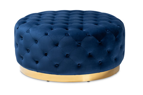 Baxton Studio Sasha Glam and Luxe Royal Blue Velvet Fabric Upholstered Gold Finished Round Cocktail Ottoman