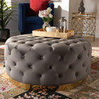 Baxton Studio Sasha Glam and Luxe Grey Velvet Fabric Upholstered Gold Finished Round Cocktail Ottoman