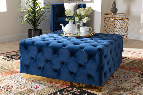 Baxton Studio Verene Glam and Luxe Royal Blue Velvet Fabric Upholstered Gold Finished Square Cocktail Ottoman