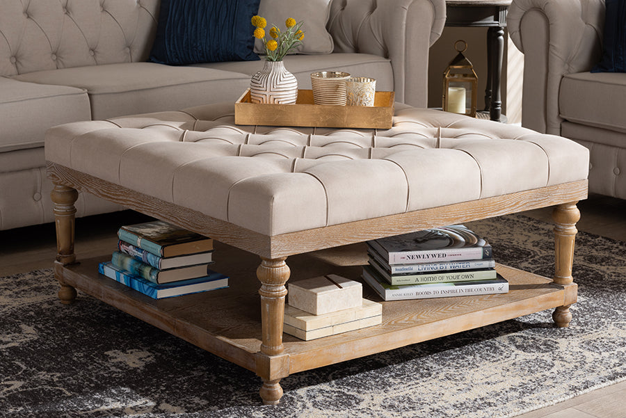 Baxton Studio Kelly Modern and Rustic Beige Linen Fabric Upholstered and Greywashed Wood Cocktail Ottoman