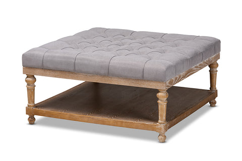Baxton Studio Kelly Modern and Rustic Grey Linen Fabric Upholstered and Greywashed Wood Cocktail Ottoman