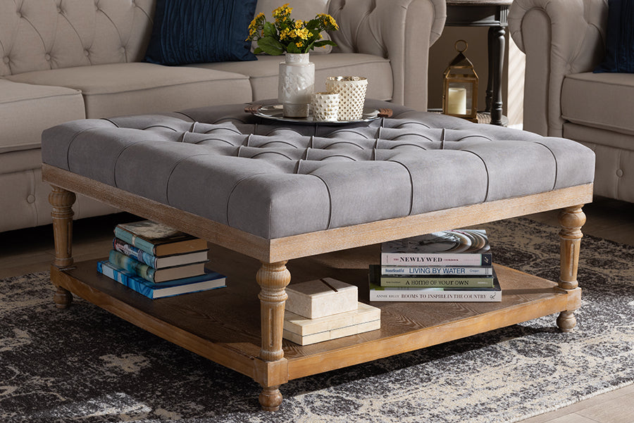 Baxton Studio Kelly Modern and Rustic Grey Linen Fabric Upholstered and Greywashed Wood Cocktail Ottoman