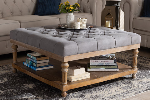 Baxton Studio Kelly Modern and Rustic Grey Linen Fabric Upholstered and Greywashed Wood Cocktail Ottoman