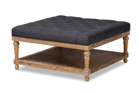 Baxton Studio Kelly Modern and Rustic Charcoal Linen Fabric Upholstered and Greywashed Wood Cocktail Ottoman