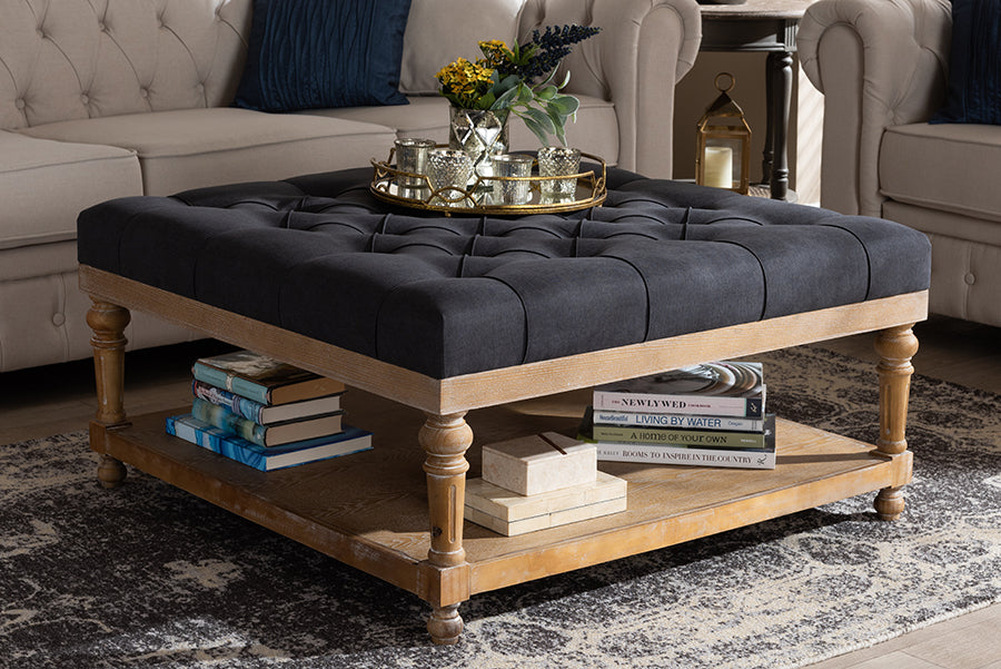 Baxton Studio Kelly Modern and Rustic Charcoal Linen Fabric Upholstered and Greywashed Wood Cocktail Ottoman