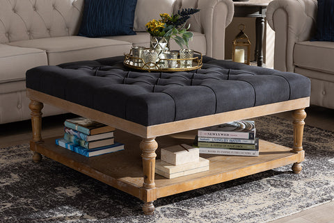 Baxton Studio Kelly Modern and Rustic Charcoal Linen Fabric Upholstered and Greywashed Wood Cocktail Ottoman