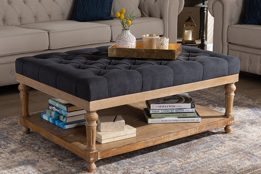 Baxton Studio Lindsey Modern and Rustic Charcoal Linen Fabric Upholstered and Greywashed Wood Cocktail Ottoman