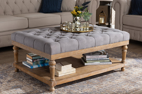 Baxton Studio Lindsey Modern and Rustic Grey Linen Fabric Upholstered and Greywashed Wood Cocktail Ottoman