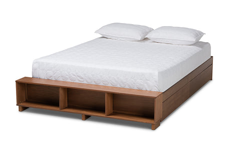 Baxton Studio Arthur Modern Rustic Ash Walnut Brown Finished Wood King Size Platform Bed with Built-In Shelves