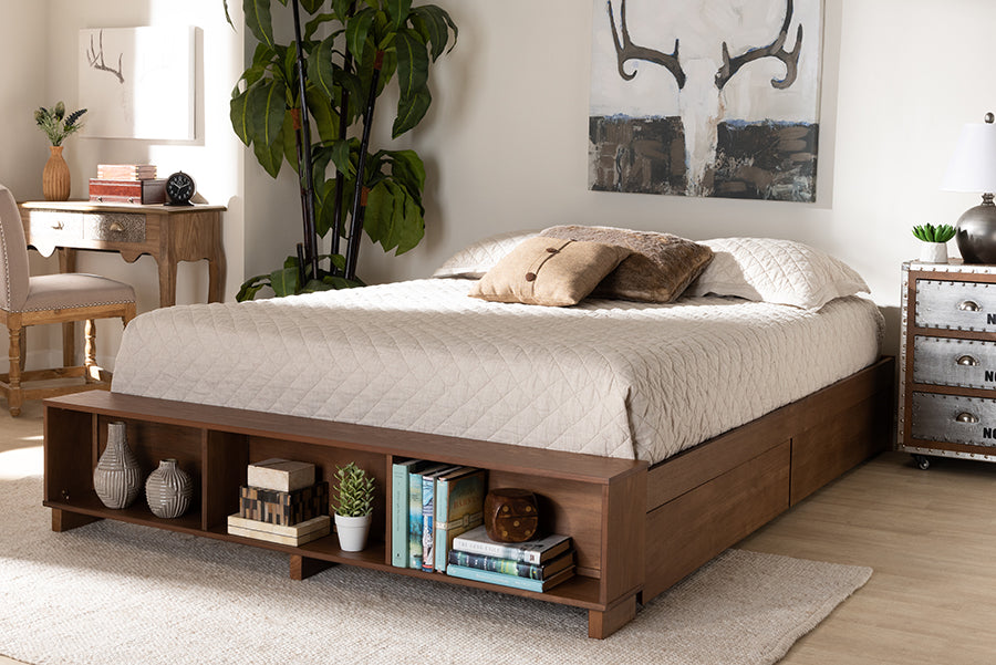 Baxton Studio Arthur Modern Rustic Ash Walnut Brown Finished Wood Full Size Platform Bed with Built-In Shelves